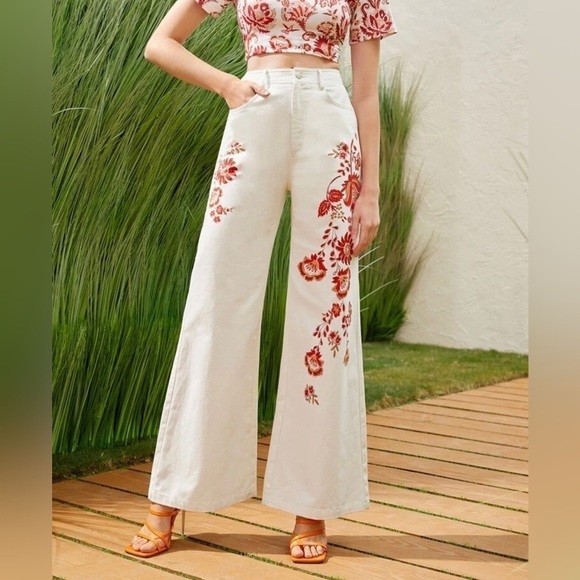 Shein White Wide Leg Orange Floral Embellished High Rise Pants, XL - Picture 1 of 9